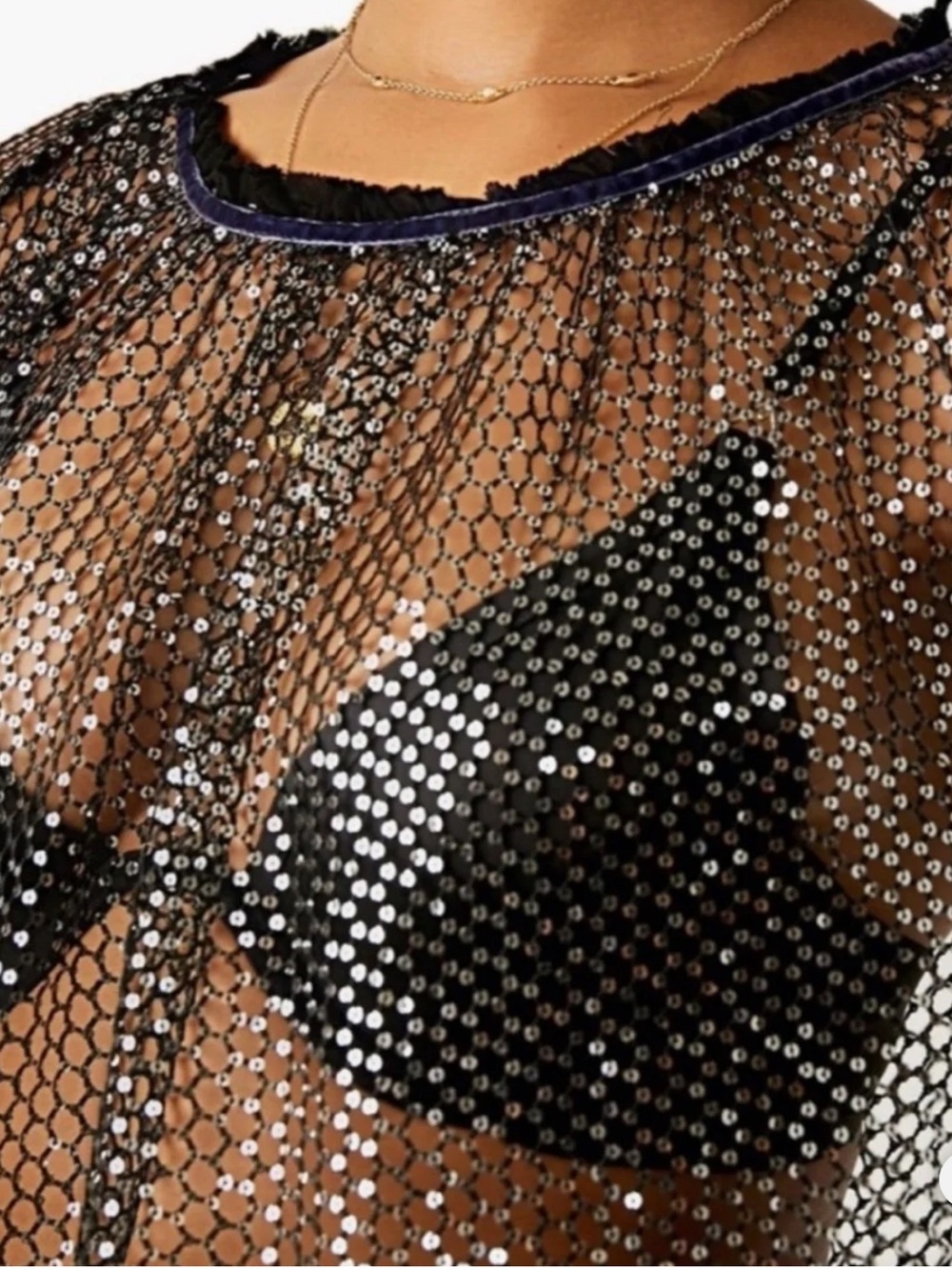 Free People Black Mesh Sequin Blouse with Silver Sparkle - Picture 4 of 5